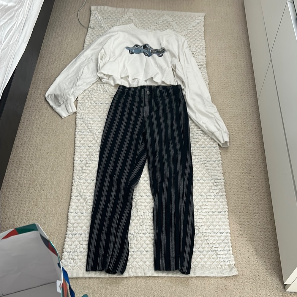 White Graphic Sweatshirt and Striped Pants Set